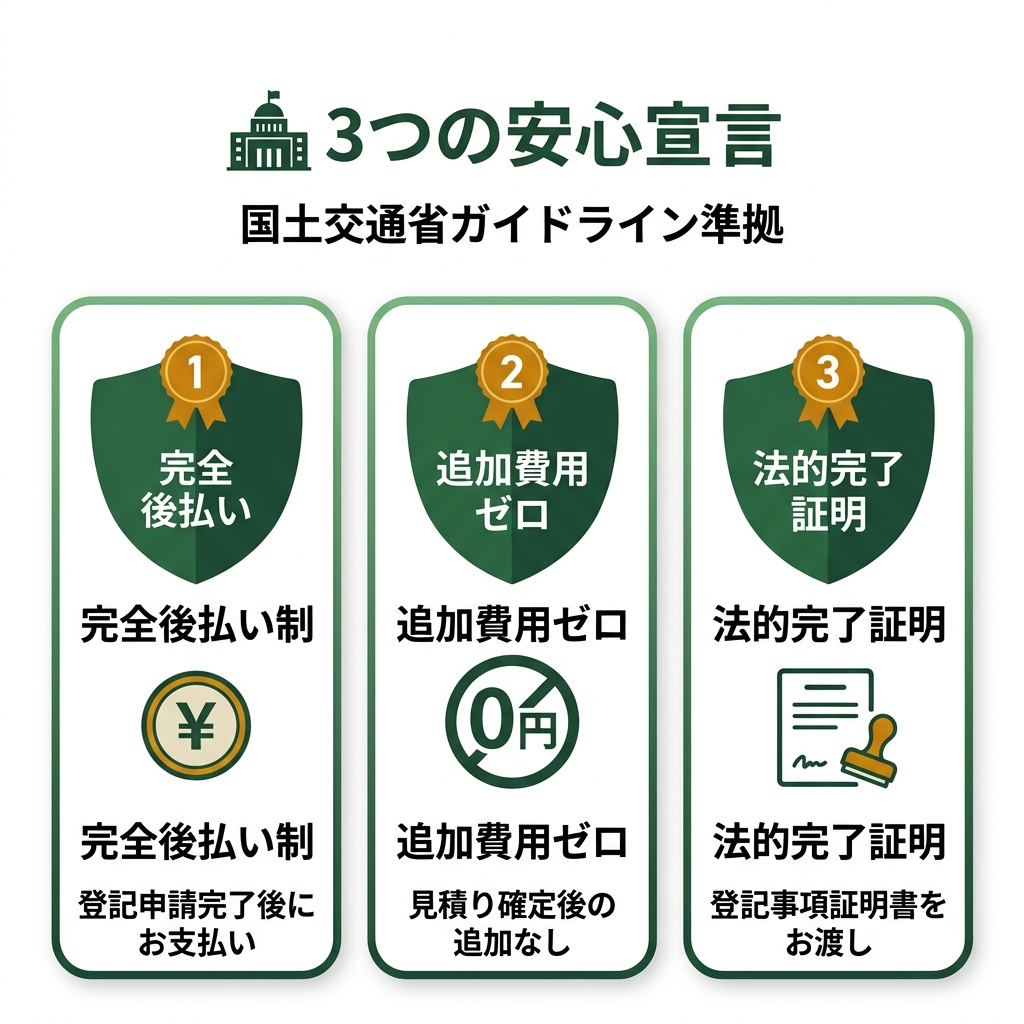 3つの安心宣言：完全後払い制・追加費用ゼロ・法的完了証明