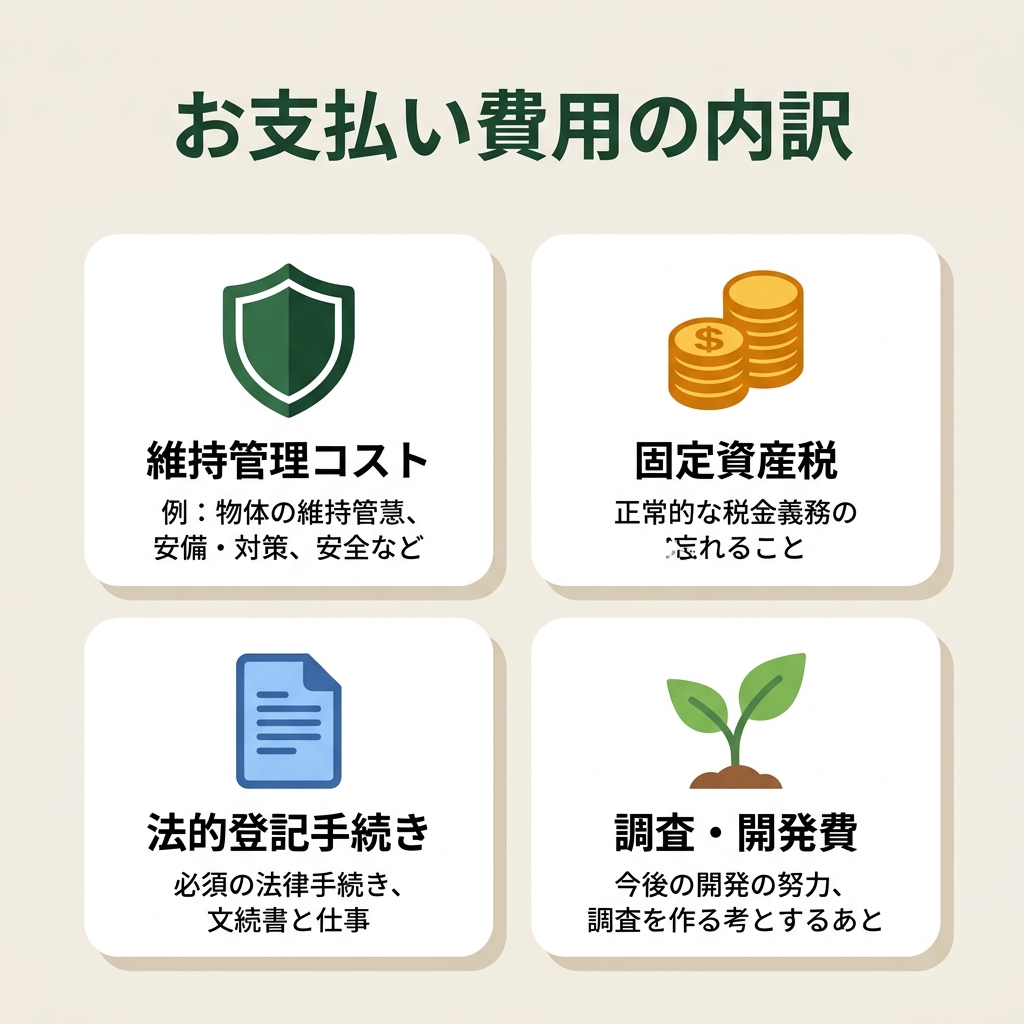 お支払い費用の内訳：維持管理コスト・固定資産税・法的登記手続き・調査開発費