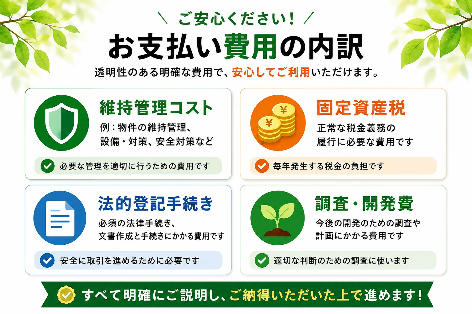 お支払い費用の内訳：維持管理コスト・固定資産税・法的登記手続き・調査開発費