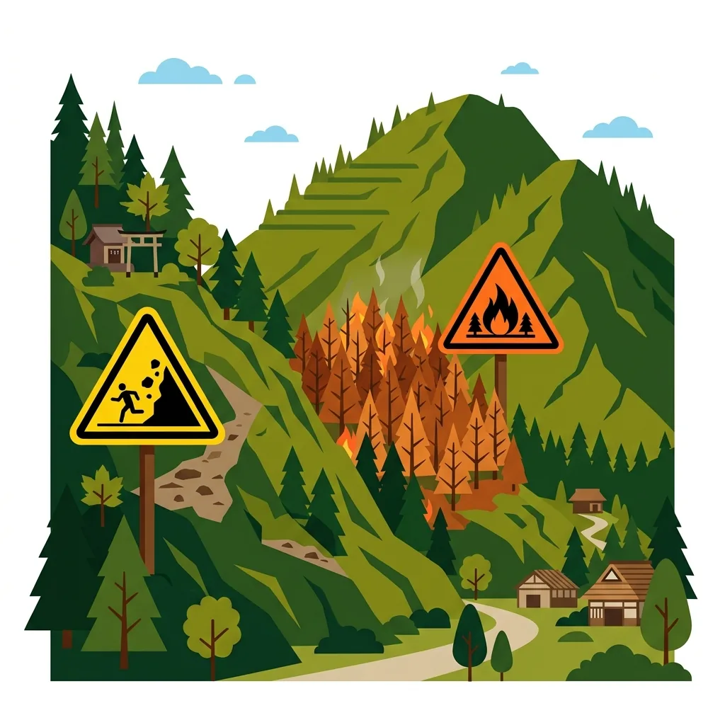 土砂崩れや山火事リスクがある山林